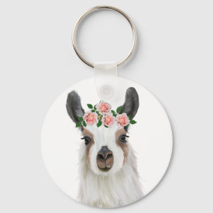 Porte-clés Llama Fluffée Cute Avec Couronne Fleur Rose Blanc