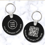 Porte-clés Logo moderne QR Code promotionnel noir<br><div class="desc">Porte - clé de promotion moderne pour votre entreprise ou organisation. Ajoutez votre logo et votre code QR et une ligne de texte customisé de chaque côté,  comme votre nom d'entreprise,  slogan,  merci,  etc,  dans une simple typographie blanche.</div>