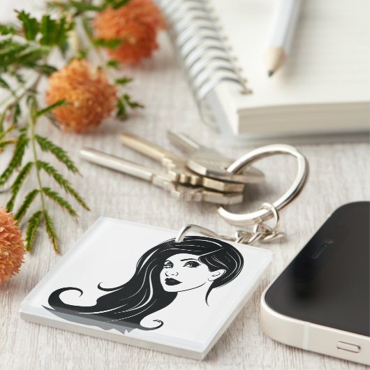 Porte-clés Longs Cheveux Belle Femme Mode Art (Devant Droit)