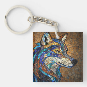 Porte-clés Loup avec des pièces de verre colorées vibrantes
