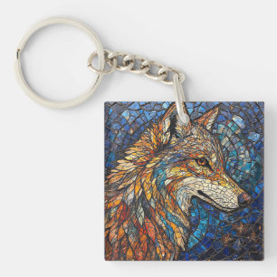 Porte-clés Loup avec des pièces de verre colorées vibrantes