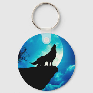 Porte-clés Loup en silhouette hurlant à la pleine lune