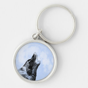 Porte-clés Loup fantôme hurlant sur la lune