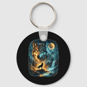 Porte-clés Loup hurlant à la lune Forêt mystique du loup de l
