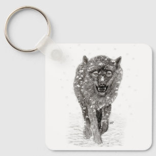Porte-clés Loup noir en colère dans la neige, hiver sauvage