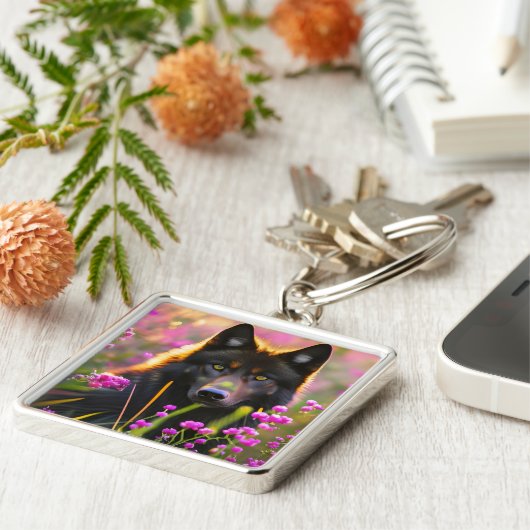 Porte-clés loup noir en fleurs roses (Côté)