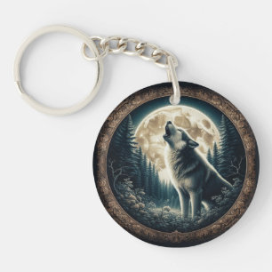 Porte-clés Loup vintage et lune classique
