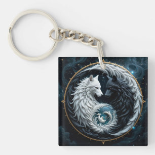 Porte-clés Loups noirs et blancs dans le symbole cosmique du