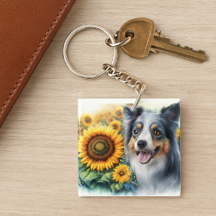 Porte-clés Love Chiens Bordure Collie Tournesol Porte - clé a