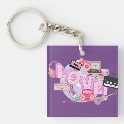 Porte-clés LOVE Keychain – Pink & Purple Retro Music Memories (Devant)