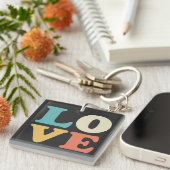 Porte-clés Love Typographie Carré de couleur rétro (Devant Droit)