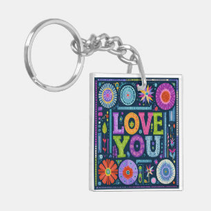 Porte-clés Love You, design vintage coloré,