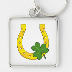 Porte-clés Lucky Golden Horseshoe avec Shamrock en blanc