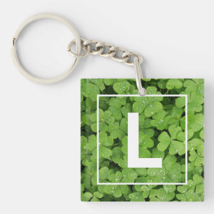 Porte-clés Lucky trèfle monogramme, shamrock de prairie verte