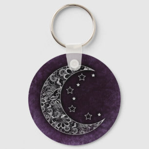 Porte-clés Lune à croissant floral d'or et étoiles sur violet