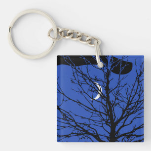 Porte-clés Lune avec arbre, Bleu Cobalt, Noir et Blanc
