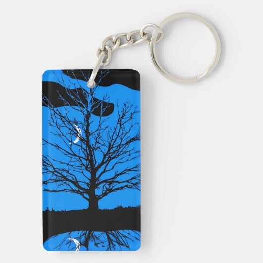 Porte-clés Lune avec arbre, Bleu profond, Noir et Blanc (Dos)