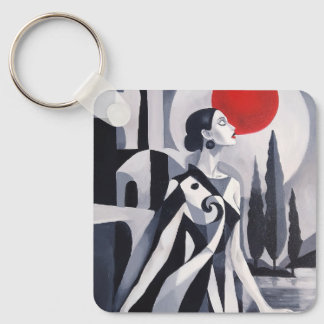 Porte-clés Lune écarlate : Femme stylisée en paysage monochro