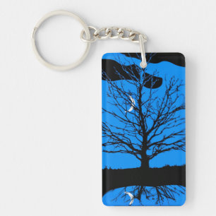 Porte-clés Lune et Arbre, Bleu Cobalt, Noir et Blanc