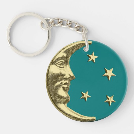 Porte-clés Lune et étoiles Art déco - Sarcelle et Or (Devant)