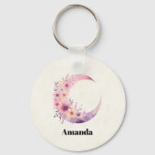 Porte-clés Lune rose Croissant avec de jolies fleurs (Verso)