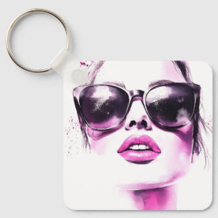 Porte-clés Lunettes de soleil femme de mode à l'aquarelle ros