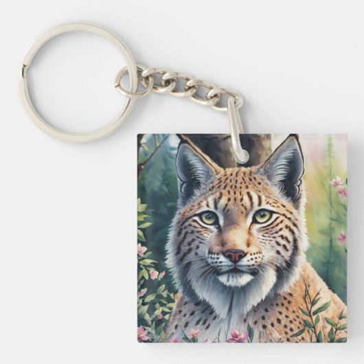 Porte-clés Lynx Aquarelle peinture florale Feline Art (Devant)