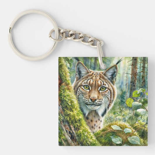 Porte-clés Lynx dans l'aquarelle de la forêt verte luxuriante (Devant)