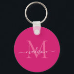 Porte-clés Magenta rose Blanc Monogramme Nom Script moderne<br><div class="desc">Simple rose Magenta Blanc Monogramme Élégant Porte - clé de script moderne</div>