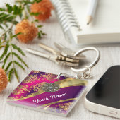 Porte-clés Magenta rose chaud et damas or (Devant Droit)