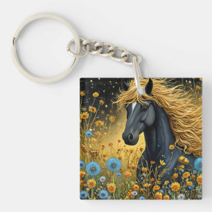 Porte-clés Magnifique étalon noir parmi des fleurs sauvages v