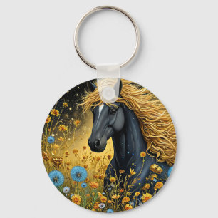 Porte-clés Magnifique étalon noir parmi des fleurs sauvages v