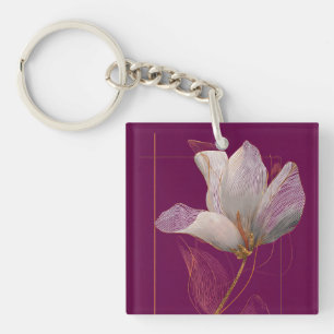 Porte-clés Magnolia blanche ligne dorée magenta