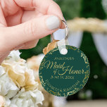 Porte-clés Maid of Honor Mariage Cadeau Emerald Green & Gold<br><div class="desc">Ces porte - clés sont conçus pour rendre service à la servante d'honneur lors de votre mariage. Elles présentent un design simple mais élégant avec un arrière - plan vert émeraude, un texte doré et une bordure en dentelle florale en faux feuille doré. Une façon parfaite de remercier votre bonne...</div>