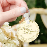 Porte-clés Maid of Honor Mariage Cadeau Gold Frills sur Crème<br><div class="desc">Ces porte - clés sont conçus pour rendre service à la servante d'honneur lors de votre mariage. Elles présentent un design simple mais élégant avec un arrière - plan couleur ivoire ou crème, du texte doré et une bordure florale en faux feuille doré en dentelle. Le texte dit "Maid of...</div>