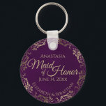 Porte-clés Maid of Honor Mariage Cadeau Plum Purple & Gold<br><div class="desc">Ces porte - clés sont conçus pour rendre service à la servante d'honneur lors de votre mariage. Elles présentent un design simple mais élégant avec un arrière - plan de couleur prune violette profonde, du texte doré et une bordure florale en faux feuille doré en dentelle. Le texte dit "Maid...</div>