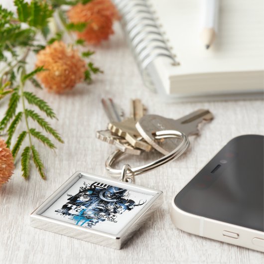 Porte-clés Main noire - Collage bleu (Côté)