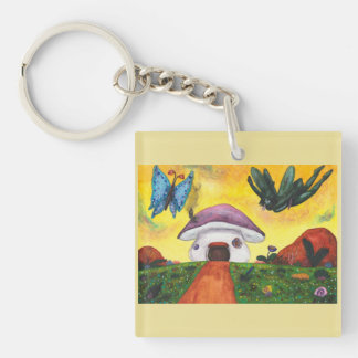 Porte-clés Maison Champignon Papillon Fée Fantastique Aquarel