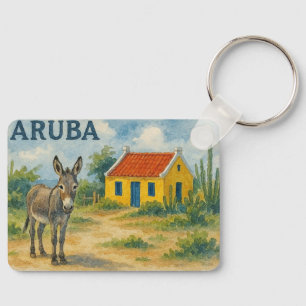 Porte-clés Maison cunucu jaune d'Aruba avec âne aquarelle