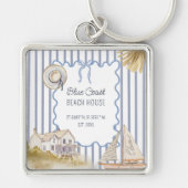 Porte-clés Maison de plage bleu chic côtier rayures bleues (Devant)
