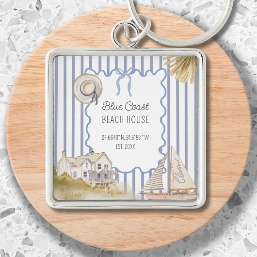 Porte-clés Maison de plage bleu chic côtier rayures bleues