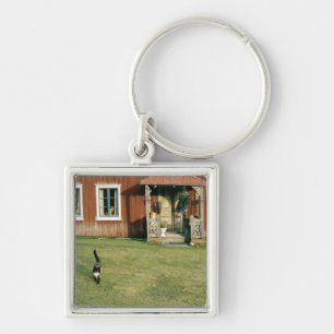 Porte-clés Maison rouge usée avec un chat sur la pelouse