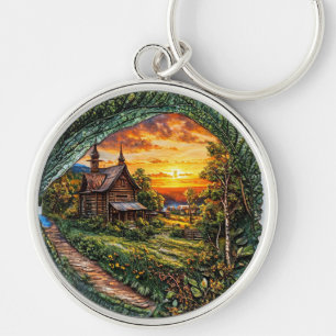 Porte-clés Maison rustique entourée de nature au coucher du s