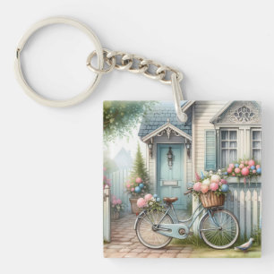 Porte-clés Maisonnette Bleue avec Vélo et Panier de Fleurs Pr