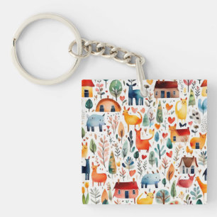 Porte-clés Maisons rouges et feuille de papier mignon