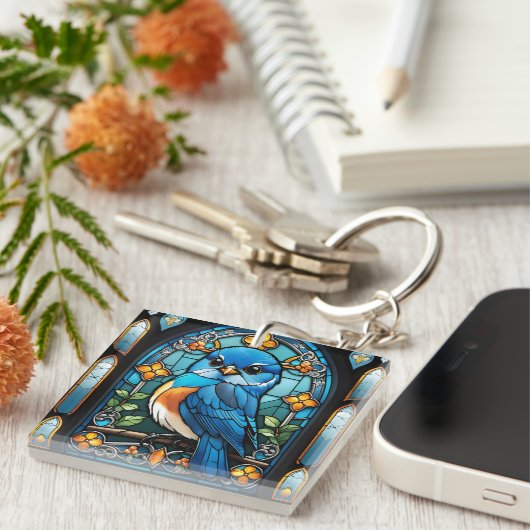Porte-clés Majestic Bluebird perchée sur une fenêtre en verre (Devant Droit)