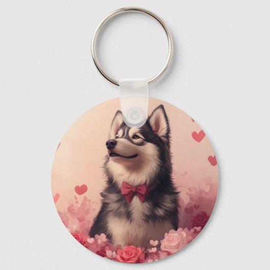 Porte-clés Malamute d'Alaska avec des roses - Saint-Valentin  (Recto)
