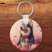 Porte-clés Malamute d'Alaska avec Rose - Saint-Valentin (Recto)
