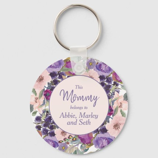 Porte-clés Maman appartient à floral rose blush violet (Recto)