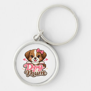 Porte-clés Maman Chien Mignonne avec Nœud Rose et Empreintes